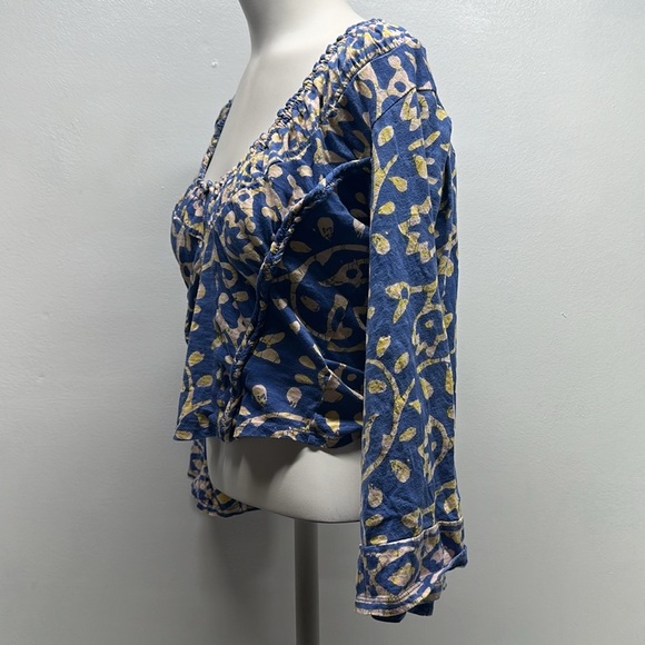 Free People On the Block Bell Sleeve Top Blouse Shirt Pure Cotton Boho Blue XS - Picture 8 of 11